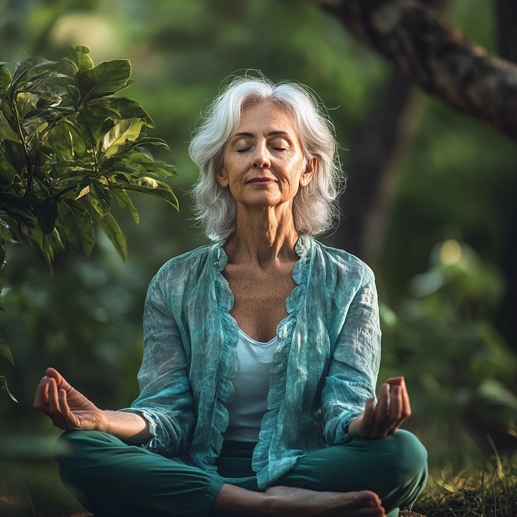 Літня жінка медитує на природі