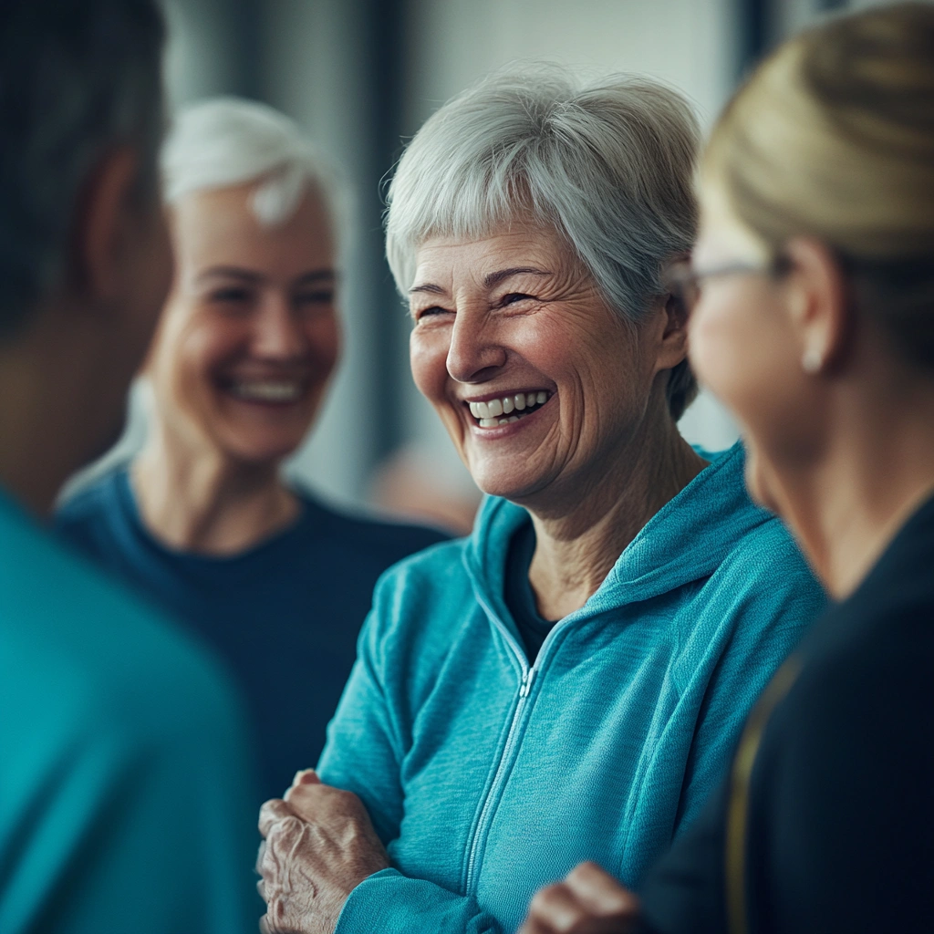 Пенсіонери спілкуються після занять спортом