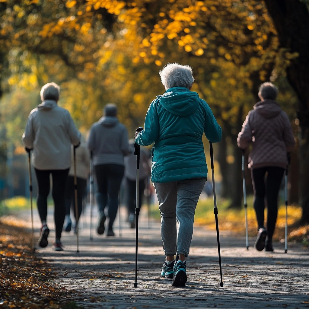 Заняття скандинавською ходьбою для пенсіонерів у парку
